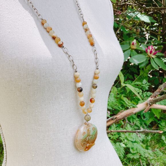 Jadeite Double Fish Pendant Necklace Earrings Set, Real Stone Beads Boho Jewelry - Picture 10 of 10